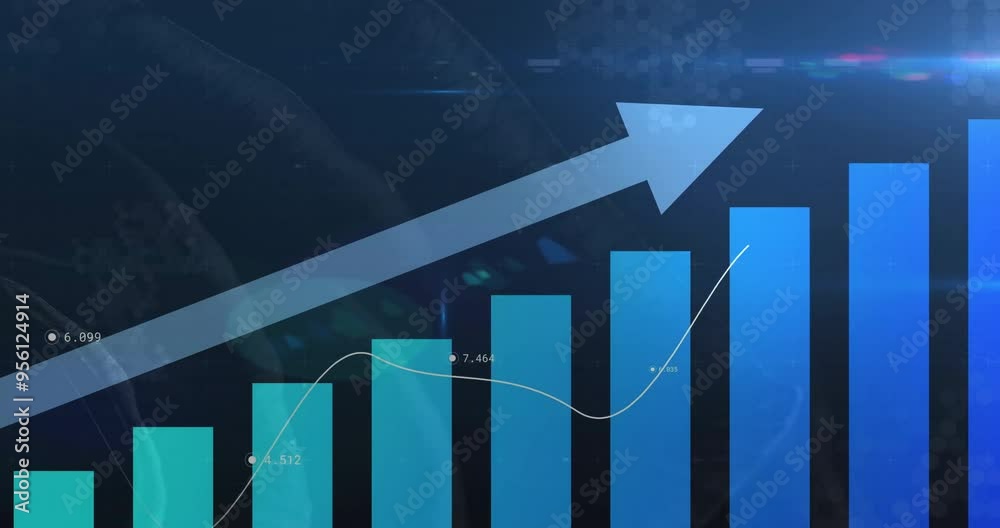 Rising bar chart with upward arrow and data points animation