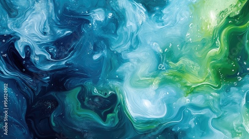 Abstract fluid forms in shades of blue and green, swirling together to create a vibrant, energetic composition