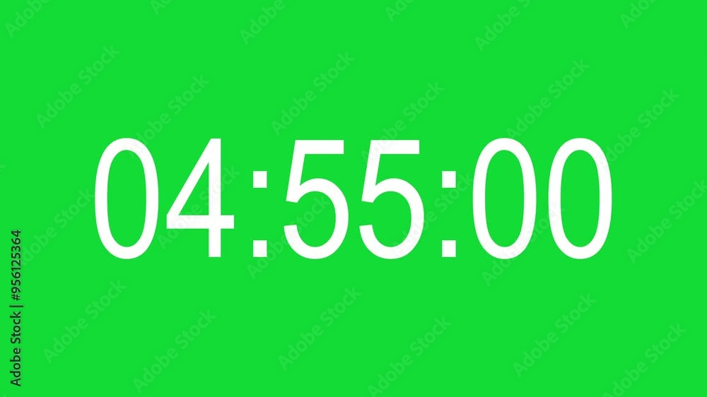 Five minutes countdown timer with milliseconds on green screen, chroma key. Can be edited to 4, 3, 2, and 1 minutes