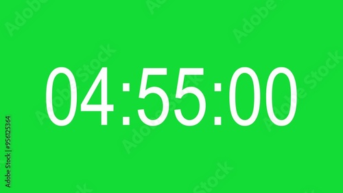 Five minutes countdown timer with milliseconds on green screen, chroma key. Can be edited to 4, 3, 2, and 1 minutes