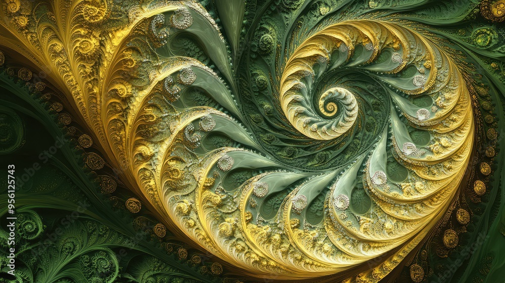 Abstract fractal spirals in shades of green and yellow, creating an intricate, mesmerizing visual effect with endless detail Abstract fractal spirals in shades of green and yellow, creating an intricate, mesmerizing visual effect with endless detail
