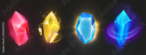 Magic crystal stone icon for game illustration. Fantasy gem and diamond vector ui set. Pink, yellow and blue beautiful luxury jewel mineral with glow effect. Sparkle geology treasure asset design