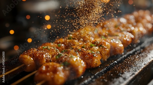 Shichimi Togarashi Seasoning Sprinkled Over Grilled Yakitori Japanese Skewers