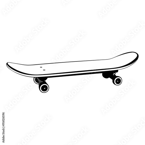 illustration in black line drawing of skateboard in side view, on transparent background