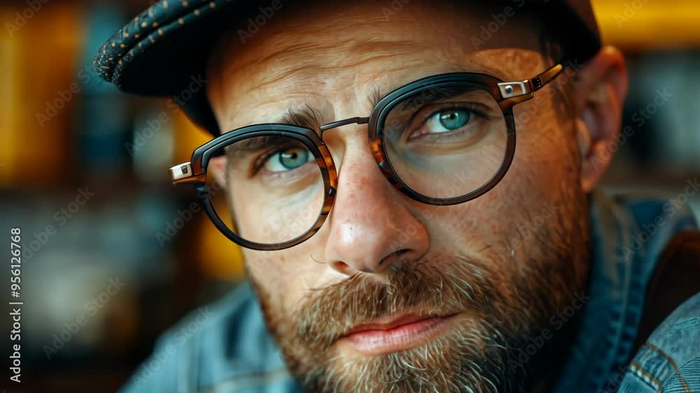 A man with glasses and a beard reflects thoughtfully while seated in a cozy cafe. The warm ambiance adds to his contemplative mood as he enjoys a moment of solitude A man with glasses and a beard reflects thoughtfully while seated in a cozy cafe. The warm ambiance adds to his contemplative mood as he enjoys a moment of solitude