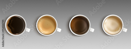Coffee cup top view. 3d cappuccino mug isolated vector. Tea, espresso and milk drink for cafe menu realistic icon design set. Americano for breakfast or capuccino on break in porcelain white teacup