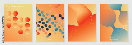 Collection of 70s color gradient poster background vector. Set of retro wall decoration, groovy, trippy, geometric shape. Vintage hippie wall art for interior, decorative, banner, cover, card.