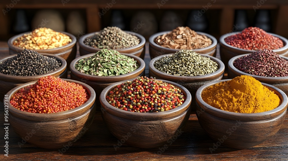 Vibrant Assorted Spices Displayed in Rustic Wooden Bowls on Table Vibrant Assorted Spices Displayed in Rustic Wooden Bowls on Table
