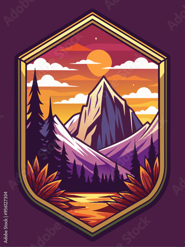 Majestic Mountain Peak Against Sunset with Pine Forest and Golden Frame