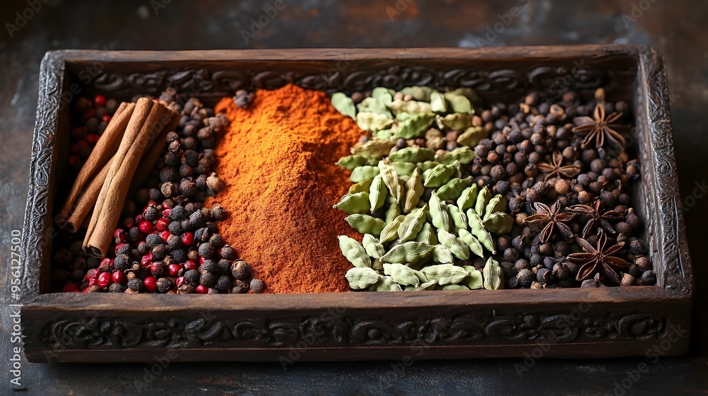 Fototapeta premium Vibrant Assortment of Fragrant East African Spices on Rustic Tray