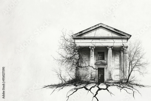 A crumbling facade, once grand, now reveals a haunting emptiness. Nature reclaims its space, as the once-solid structure gives way to the relentless march of time. photo