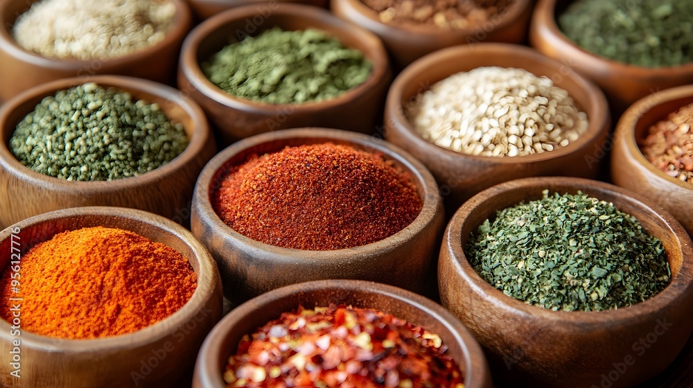Vibrant Collection of South African Spices in Wooden Dishes Vibrant Collection of South African Spices in Wooden Dishes