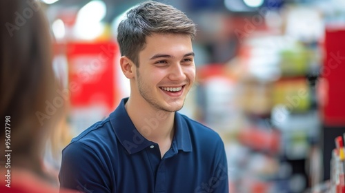 Smiling sales-consultant young man with navy blue polo shirt cheerfully serves a customer in a bright store of building materials