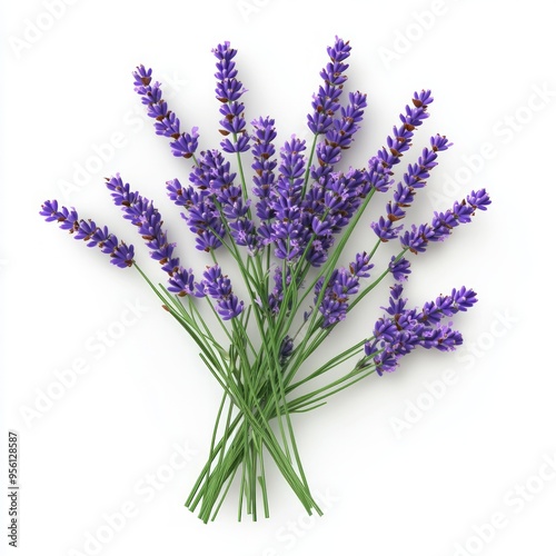 A bunch of lavender flowers with purple blooms and green stems against a white background.