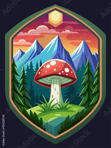 Red and White Mushroom Growing in a Mountainous Forest at Sunset