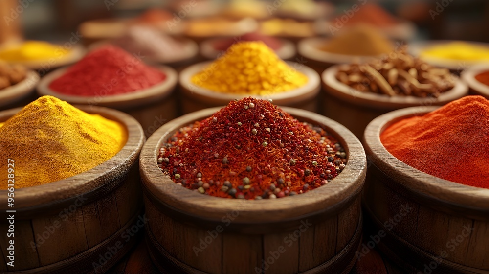 Vibrant Spice Medley in a Tray with Detailed Textures and Vivid Colors Vibrant Spice Medley in a Tray with Detailed Textures and Vivid Colors
