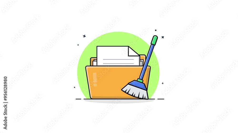 4k Folder with Broom. Data Cleaning Concept Animation Video 4k Folder with Broom. Data Cleaning Concept Animation Video