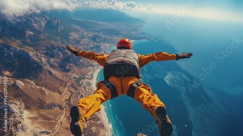 Sky diving over sea and mountain background