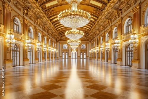 An opulent ballroom featuring crystal chandeliers, golden walls, and polished floors