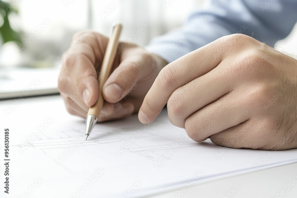 A person s hands holding a pen meticulously sketching a detailed architectural blueprint A person s hands holding a pen meticulously sketching a detailed architectural blueprint