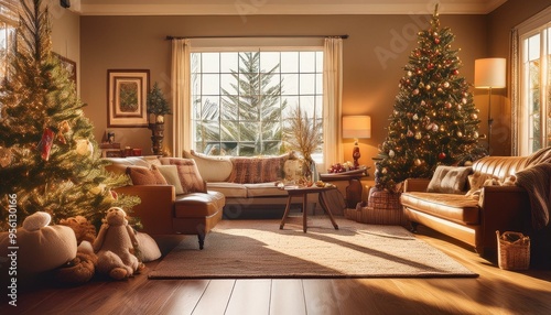 1950s Suburban Christmas Morning
A cozy suburban home on Christmas morning with a vintage living room scene, retro toys under the tree, children in pajamas unwrapping gifts, and a warm golden glow fro