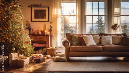 Wallpaper Mural 1950s Suburban Christmas Morning
A cozy suburban home on Christmas morning with a vintage living room scene, retro toys under the tree, children in pajamas unwrapping gifts, and a warm golden glow fro Torontodigital.ca