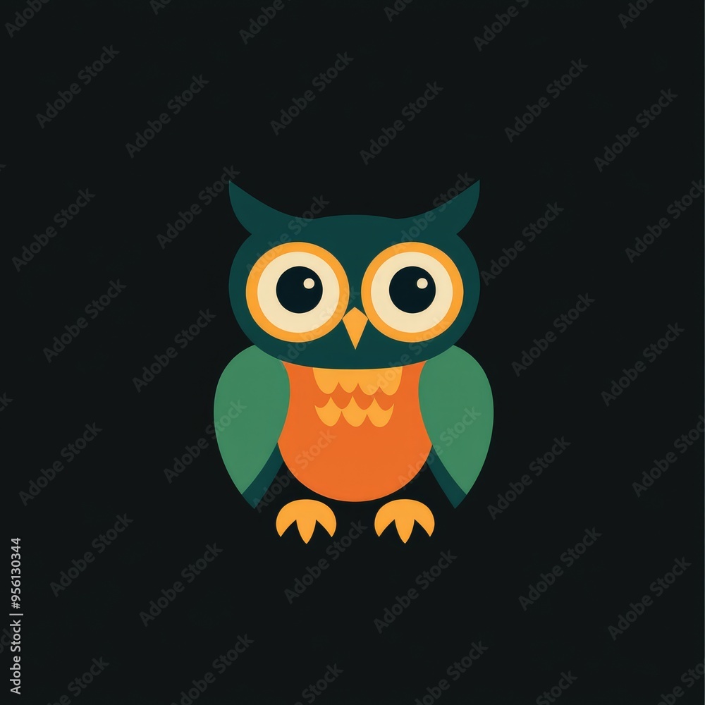 Cartoon Owl with Green Wings and Orange Belly
