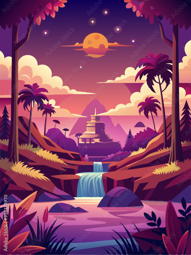 Obraz premium Nighttime Landscape with Waterfall, Temple, and Palm Trees
