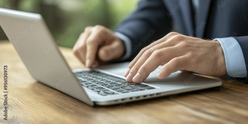 Focused professional typing on a laptop at a wooden desk Focused professional typing on a laptop at a wooden desk