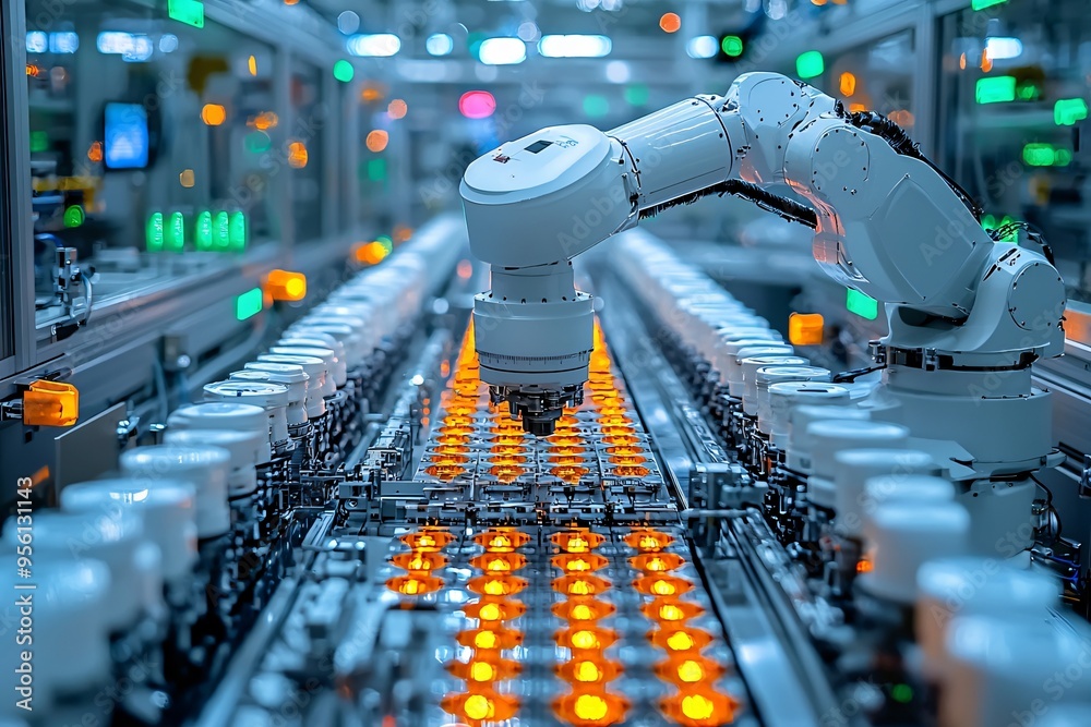 A robotic arm on an electronic assembly line in a smart factory, ideal for showcasing advanced manufacturing technology and automation in business. A robotic arm on an electronic assembly line in a smart factory, ideal for showcasing advanced manufacturing technology and automation in business.