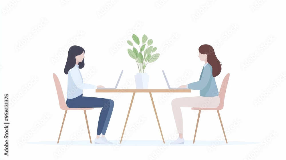 Two individuals working on laptops at a table with a plant in the center