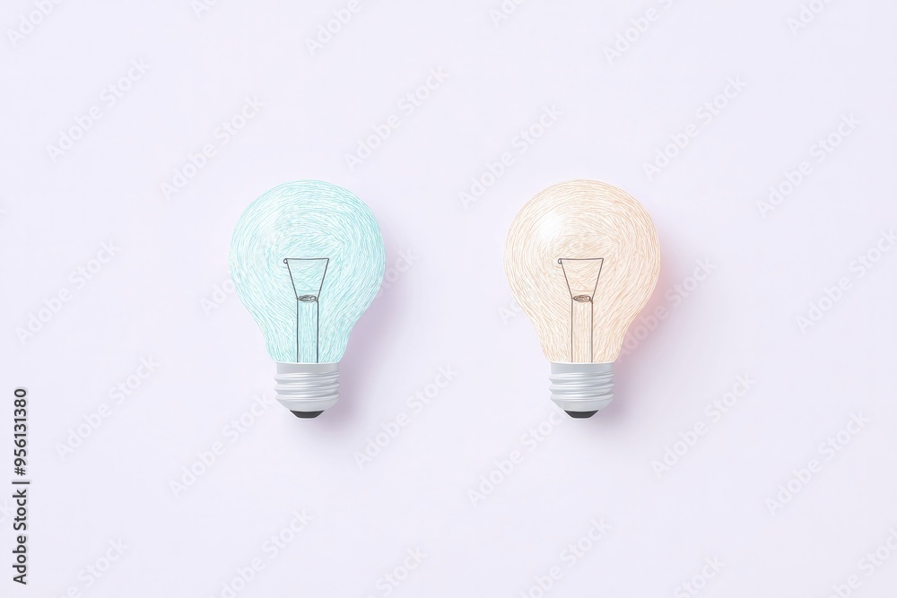 Two pastel colored light bulbs one blue and one pink glowing softly against a light background Two pastel colored light bulbs one blue and one pink glowing softly against a light background