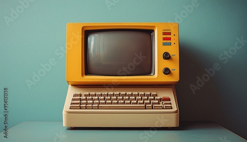 Vintage retro computer featuring a bright yellow design, perfect for business-themed projects, tech nostalgia, or digital marketing presentations with copy space.