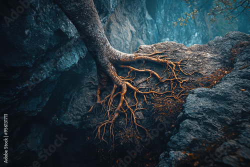 A solitary tree, its roots clinging tenaciously to the sheer cliff face, a testament to life's enduring strength in the face of adversity. photo