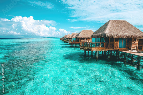 Overwater Paradise: Tranquil Cabanas Nestled in Turquoise Waters, a Slice of Tropical Heaven.