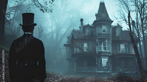Halloween haunted house with a spooky butler for a spooky and fun night adventure. Horror ghost house with halloween joker