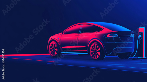 electric car is charging on a dark background in neon, symbolizing energy efficiency illustration, technology background