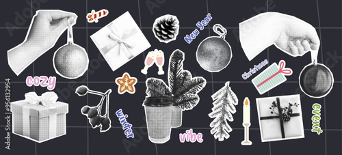 Festive Winter Halftone Collage with Holiday Elements