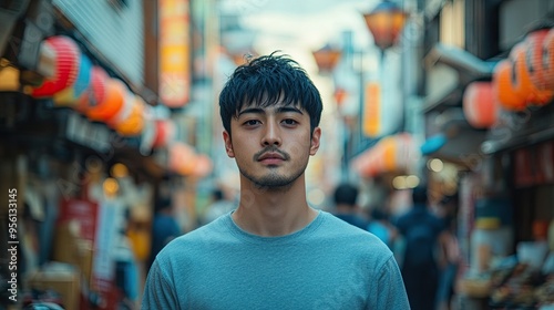 20. Portrait of a young Japanese man with short black hair, wearing a casual t-shirt, standing in a bustling market street with colorful lanterns and busy shops in the background