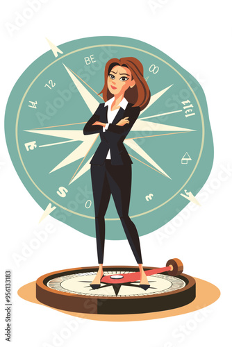 Confused Businesswoman Standing on Compass, Struggling to Choose Direction, Lost and Uncertain About Career Path Concept