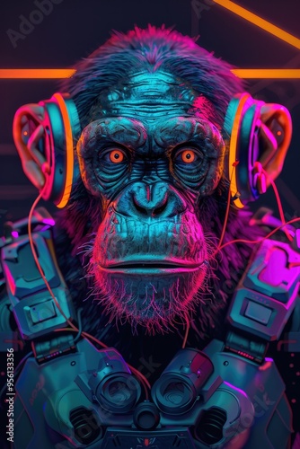 Cyberpunk Chimpanzee in Neon Glow