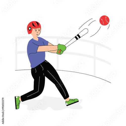 Baseball player hitting a pitch with powerful swing, baseball flat illustration