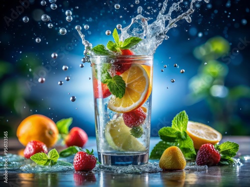 Drops of flavor enhancer dance in a sparkling glass of cold water, infusing a healthy routine with a