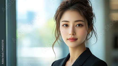 7. A young beautiful Japanese woman with elegant updo hairstyle, wearing a modern business suit, standing in a bright office space with large windows and cityscape views, her expression focused and