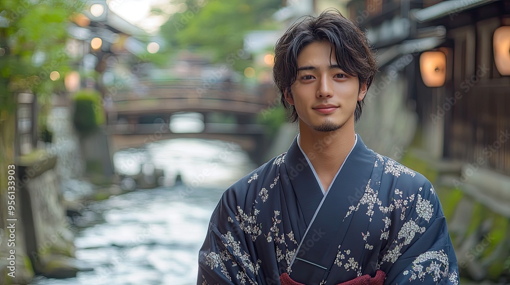 Fototapeta premium 4. Portrait of a young Japanese man with medium-length hair, wearing a traditional yukata, standing by a river with stone lanterns and a wooden bridge in the background, his expression calm and serene