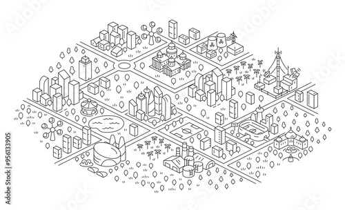 Modern city district map with Contour Lines. Vector editable outline line stroke.