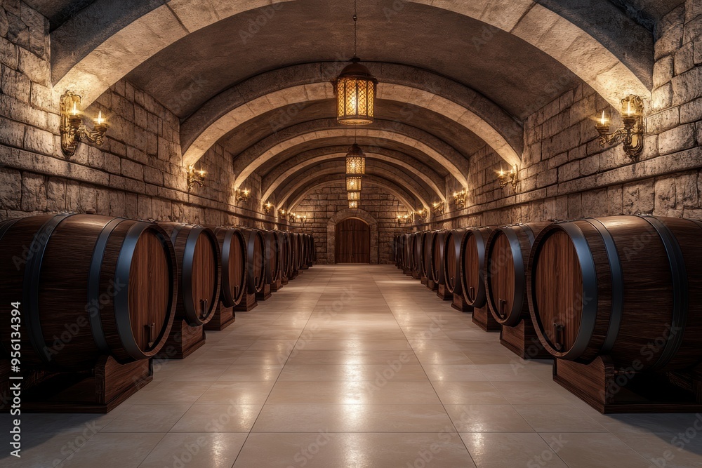 Fototapeta premium A lavish wine cellar featuring wooden barrels, ornate decor, and stone walls