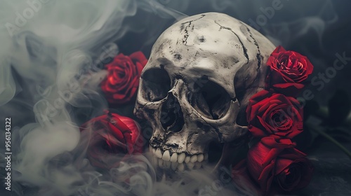 Fototapeta Naklejka Na Ścianę i Meble -  Medieval skull adorned with lovely red roses and smoke