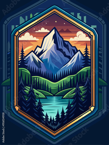 Mountain Peak Framed by Forest and Lake at Sunset
