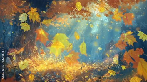 Magical Forest Animation Video with Glowing Mushrooms and Enchanted Autumn Leaves 4K background material for loop playback
